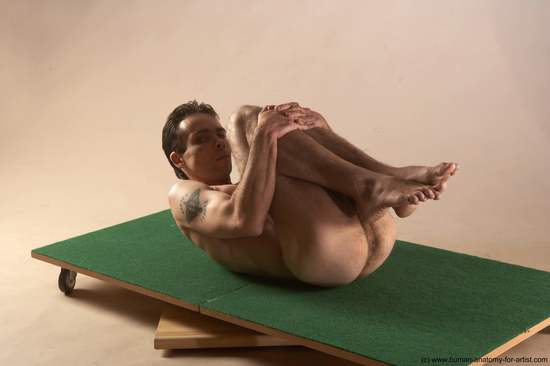 Nude Man White Laying poses - ALL Underweight Short Brown Laying poses - on back Realistic