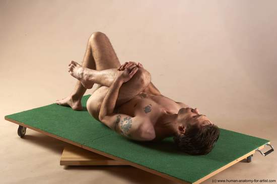 Nude Man White Laying poses - ALL Underweight Short Brown Laying poses - on back Realistic