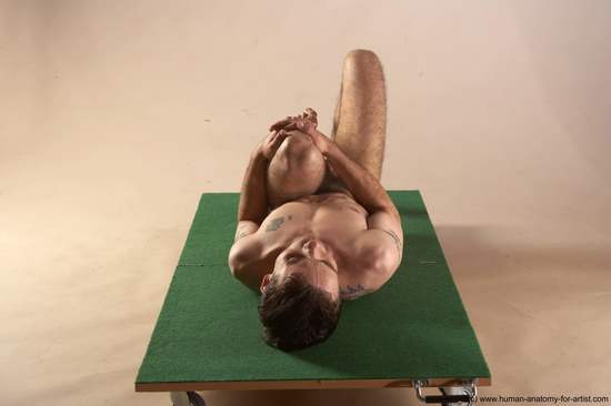 Nude Man White Laying poses - ALL Underweight Short Brown Laying poses - on back Realistic