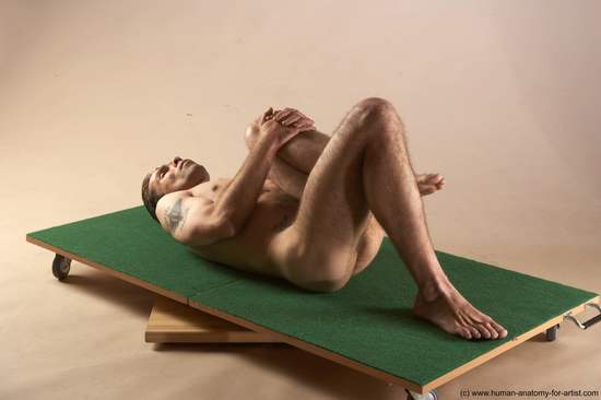 Nude Man White Laying poses - ALL Underweight Short Brown Laying poses - on back Realistic