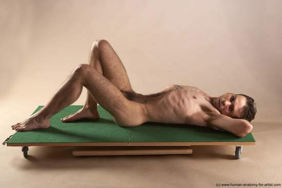 Nude Man White Laying poses - ALL Underweight Short Brown Laying poses - on back Realistic