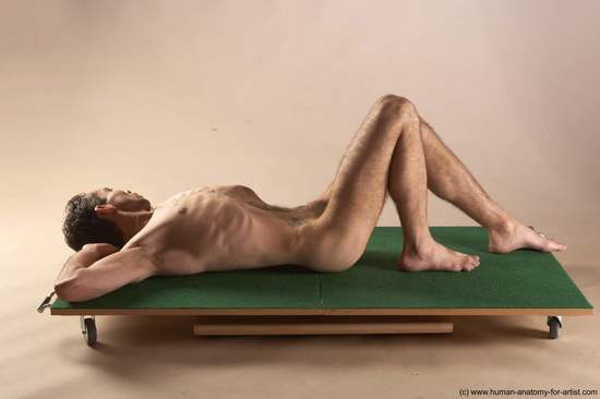 Nude Man White Laying poses - ALL Underweight Short Brown Laying poses - on back Realistic