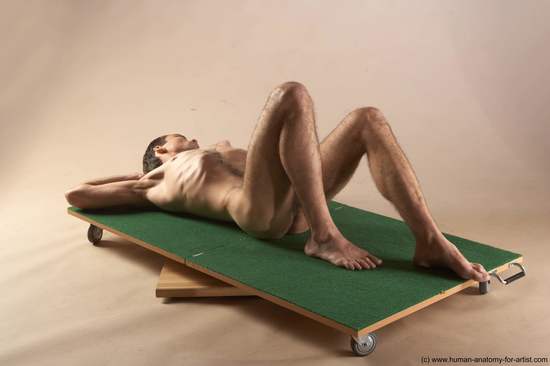 Nude Man White Laying poses - ALL Underweight Short Brown Laying poses - on back Realistic