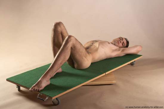 Nude Man White Laying poses - ALL Underweight Short Brown Laying poses - on back Realistic