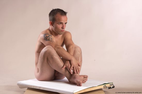 Nude Man White Sitting poses - simple Slim Short Brown Sitting poses - ALL Realistic