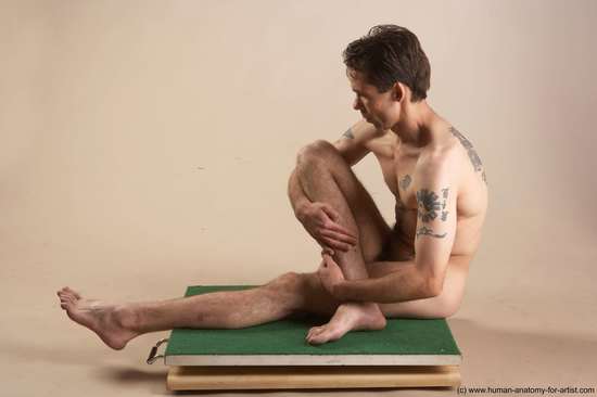 Nude Man White Sitting poses - simple Underweight Short Brown Sitting poses - ALL Realistic