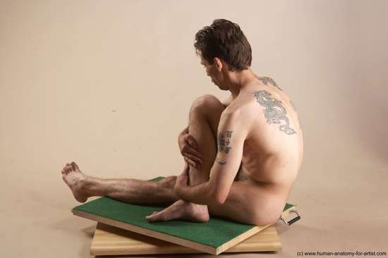 Nude Man White Sitting poses - simple Underweight Short Brown Sitting poses - ALL Realistic