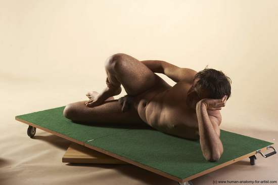 Nude Man White Laying poses - ALL Average Short Brown Laying poses - on side Realistic