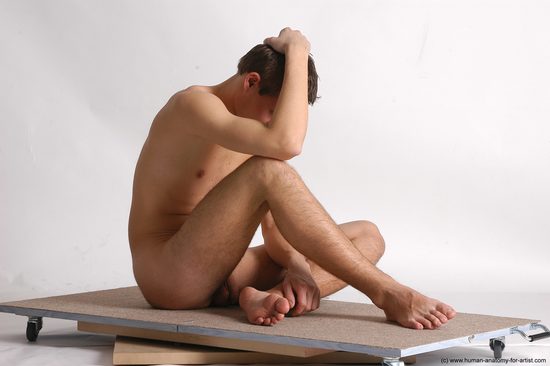 Nude Man White Sitting poses - simple Slim Short Brown Sitting poses - ALL Realistic