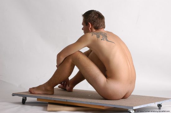 Nude Man White Sitting poses - simple Slim Short Brown Sitting poses - ALL Realistic