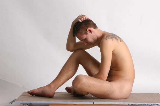 Nude Man White Sitting poses - simple Slim Short Brown Sitting poses - ALL Realistic