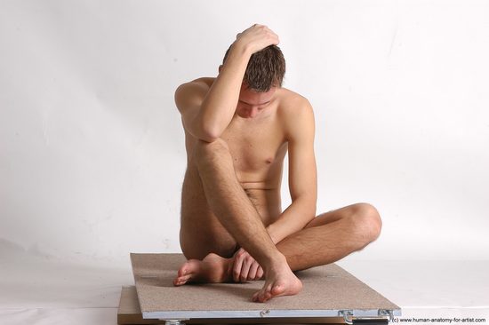 Nude Man White Sitting poses - simple Slim Short Brown Sitting poses - ALL Realistic