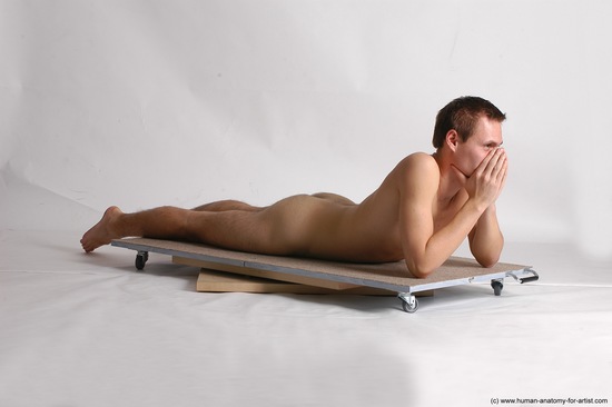 Nude Man White Laying poses - ALL Slim Short Brown Laying poses - on stomach Realistic