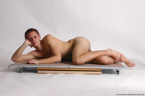 Nude Man White Laying poses - ALL Slim Short Brown Laying poses - on stomach Realistic