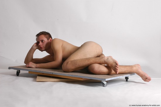 Nude Man White Laying poses - ALL Slim Short Brown Laying poses - on stomach Realistic