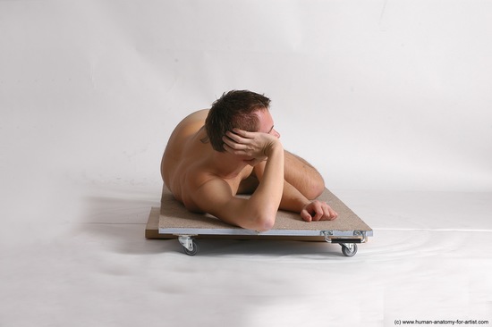 Nude Man White Laying poses - ALL Slim Short Brown Laying poses - on stomach Realistic