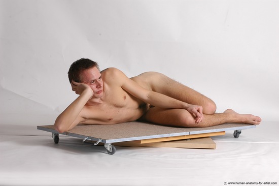 Nude Man White Laying poses - ALL Slim Short Brown Laying poses - on side Realistic