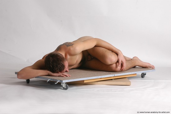 Nude Man White Laying poses - ALL Slim Short Brown Laying poses - on stomach Realistic