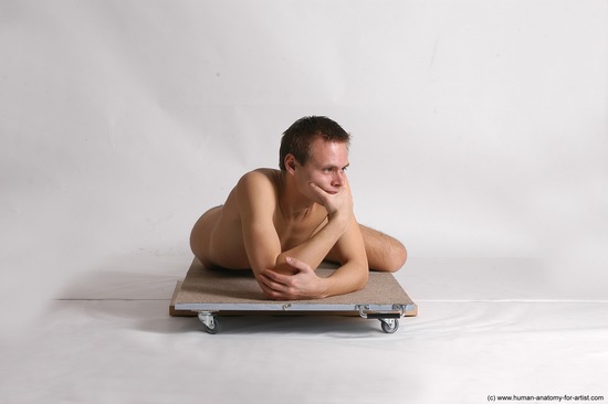 Nude Man White Laying poses - ALL Slim Short Brown Laying poses - on stomach Realistic