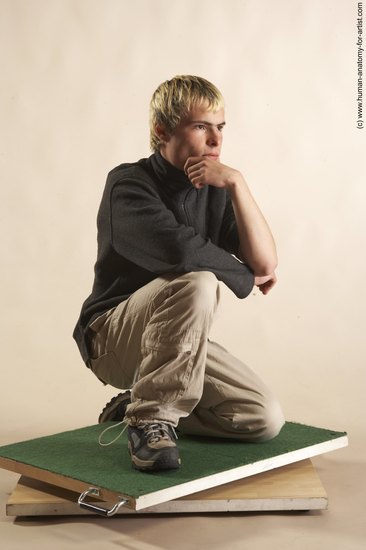 Casual Man White Kneeling poses - ALL Slim Short Blond Kneeling poses - on one knee Academic