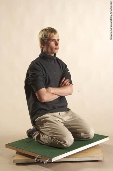 Casual Man White Slim Short Blond Sitting poses - ALL Sitting poses - on knees Academic