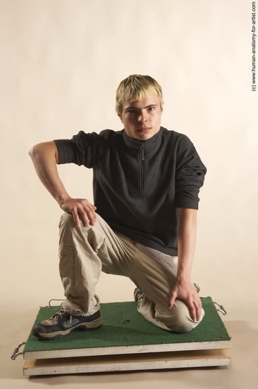 Casual Man White Kneeling poses - ALL Slim Short Blond Academic