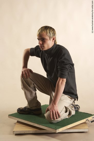 Casual Man White Kneeling poses - ALL Slim Short Blond Academic