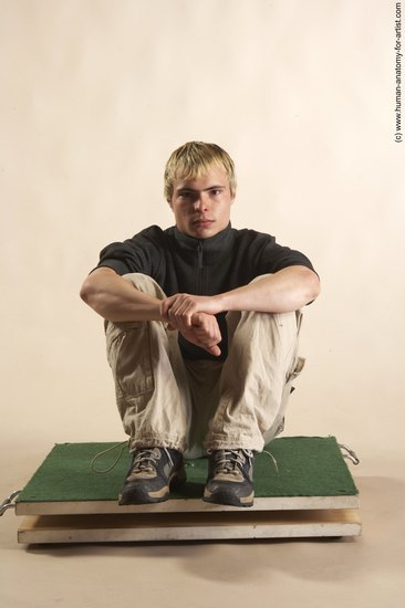 Casual Man White Sitting poses - simple Slim Short Blond Sitting poses - ALL Academic