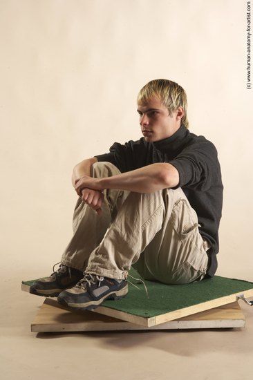 Casual Man White Sitting poses - simple Slim Short Blond Sitting poses - ALL Academic