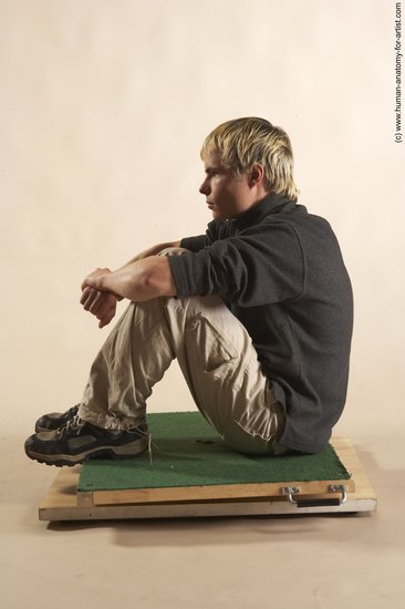 Casual Man White Sitting poses - simple Slim Short Blond Sitting poses - ALL Academic