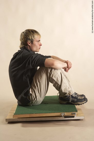 Casual Man White Sitting poses - simple Slim Short Blond Sitting poses - ALL Academic