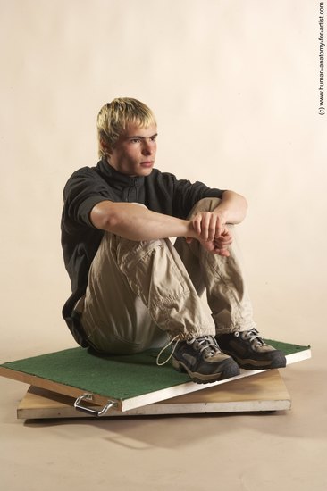 Casual Man White Sitting poses - simple Slim Short Blond Sitting poses - ALL Academic