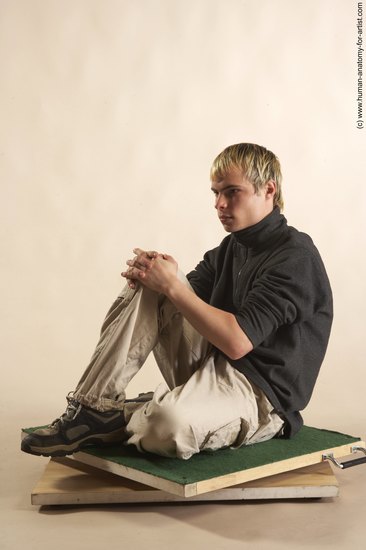 Casual Man White Sitting poses - simple Slim Short Blond Sitting poses - ALL Academic