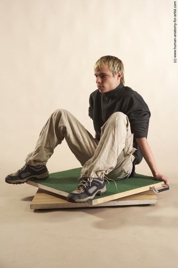 Casual Man White Sitting poses - simple Slim Short Blond Sitting poses - ALL Academic