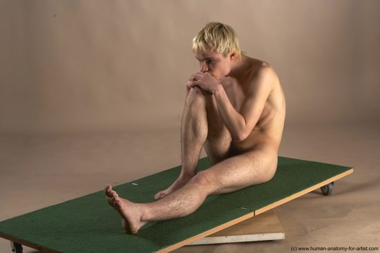 Nude Man White Sitting poses - simple Slim Short Blond Sitting poses - ALL Realistic