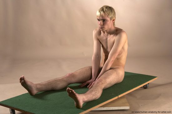 Nude Man White Sitting poses - simple Slim Short Blond Sitting poses - ALL Realistic