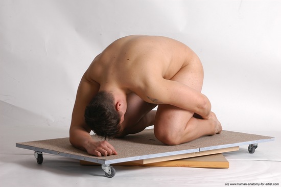 Nude Man White Kneeling poses - ALL Average Short Brown Kneeling poses - on both knees Realistic