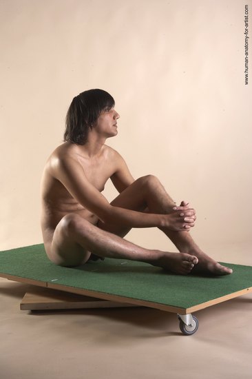 Nude Man White Sitting poses - simple Slim Medium Brown Sitting poses - ALL Realistic