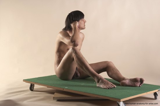 Nude Man White Sitting poses - simple Slim Medium Brown Sitting poses - ALL Realistic