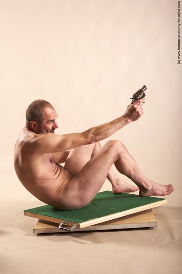 Nude Fighting with gun Man White Sitting poses - simple Slim Bald Sitting poses - ALL Realistic