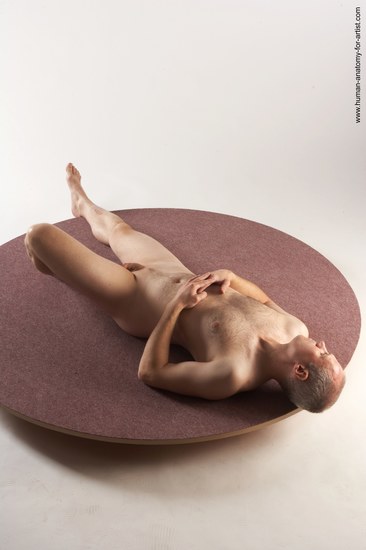 Nude Man White Laying poses - ALL Slim Short Grey Laying poses - on back Realistic