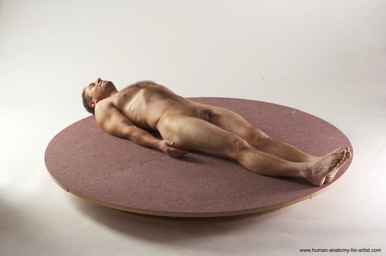 Nude Man White Laying poses - ALL Slim Short Brown Laying poses - on back Realistic