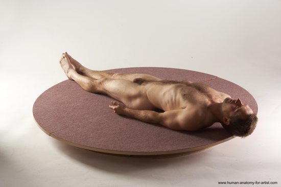 Nude Man White Laying poses - ALL Slim Short Brown Laying poses - on back Realistic