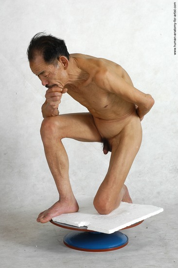 and more Nude Man Asian Kneeling poses - ALL Slim Short Black Realistic