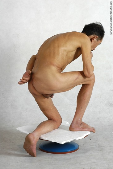 and more Nude Man Asian Kneeling poses - ALL Slim Short Black Realistic