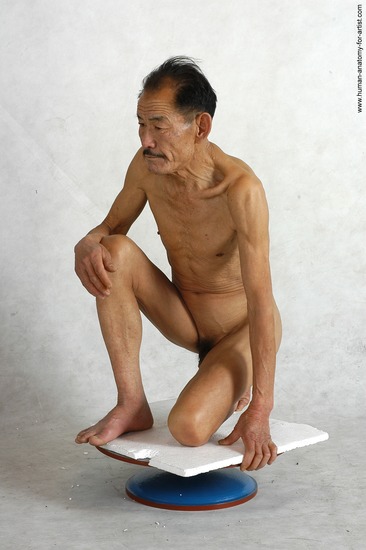 and more Nude Man Asian Kneeling poses - ALL Slim Short Black Realistic