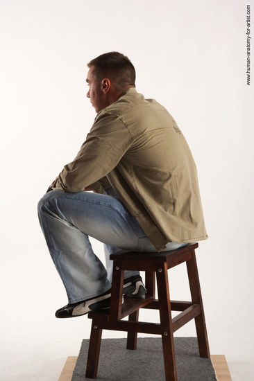 Casual Man White Sitting poses - simple Muscular Short Brown Sitting poses - ALL Academic