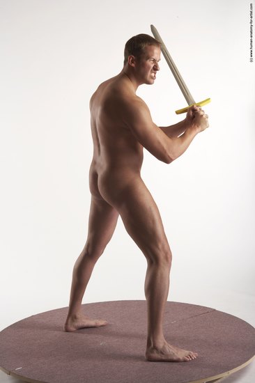 Nude Fighting with sword Man White Kneeling poses - ALL Average Short Brown Kneeling poses - on both knees Realistic