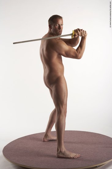 Nude Fighting with sword Man White Kneeling poses - ALL Average Short Brown Kneeling poses - on both knees Realistic