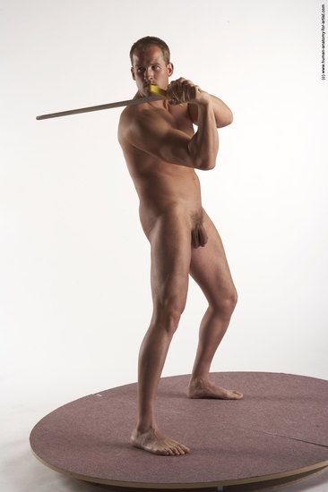 Nude Fighting with sword Man White Kneeling poses - ALL Average Short Brown Kneeling poses - on both knees Realistic